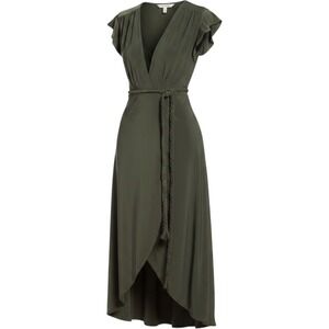Olive Green Jersey Wrap Maxi Dress High Low Tassel Belt Boho MISA Irina S NWT